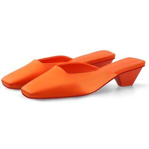 Adrizzlein Size 6.5 Sandals Closed Toe Mule Kitten Heel Satin Square Toe Orange
